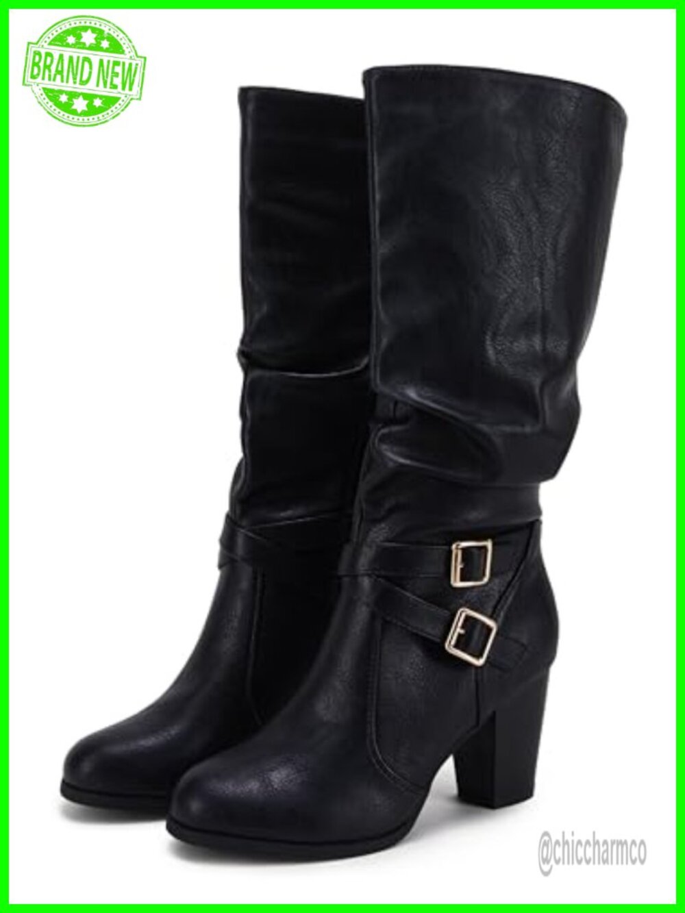 Ermonn Women's Mid Calf Boots Chunky Heel Faux Leather Side Zipper Slouchy